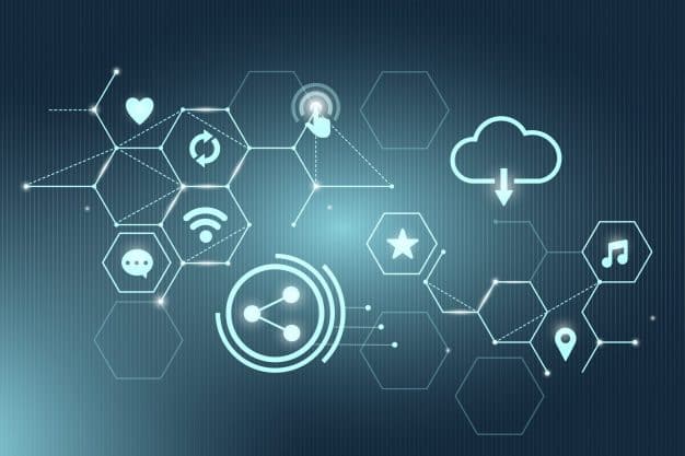 Blue social network technology icons background vector