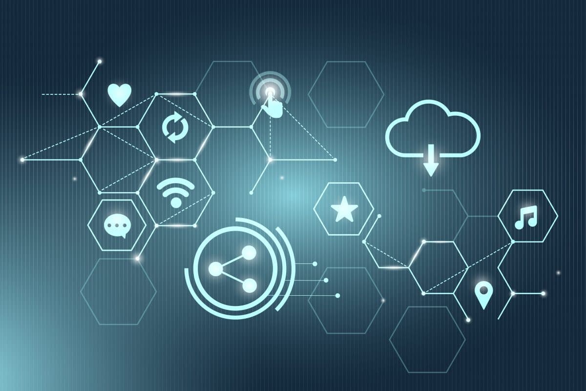 Blue social network technology icons background vector
