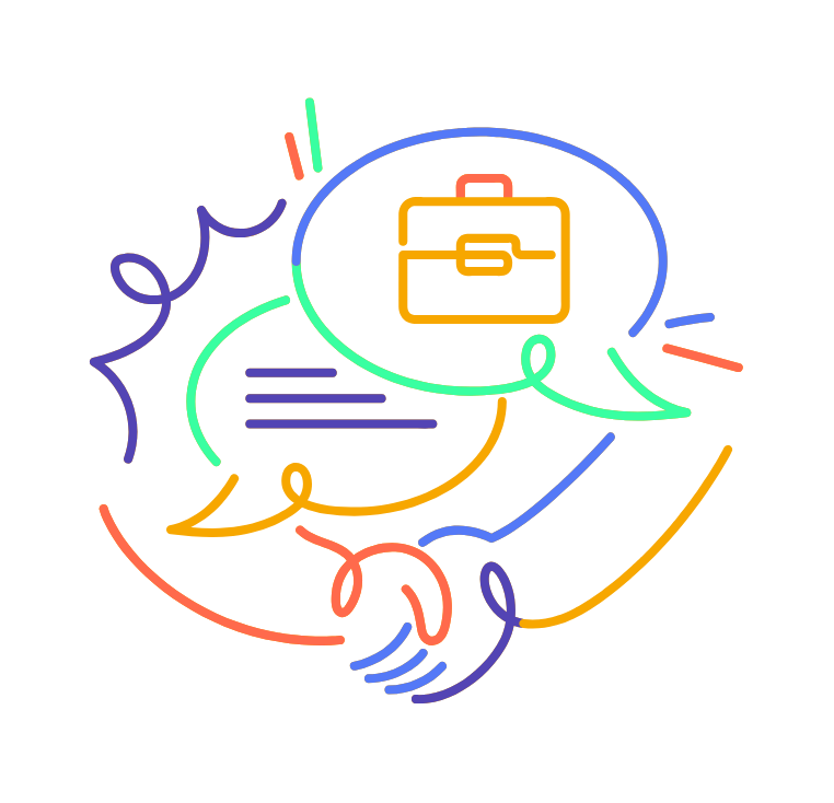 Ilustración lineal multicolor que muestra dos manos estrechándose en la parte inferior. Sobre ellas, dos burbujas de diálogo entrelazadas; una contiene líneas que representan texto y la otra un maletín, simbolizando la comunicación y el trabajo. Los colores vivos y variados crean un diseño inclusivo y dinámico.