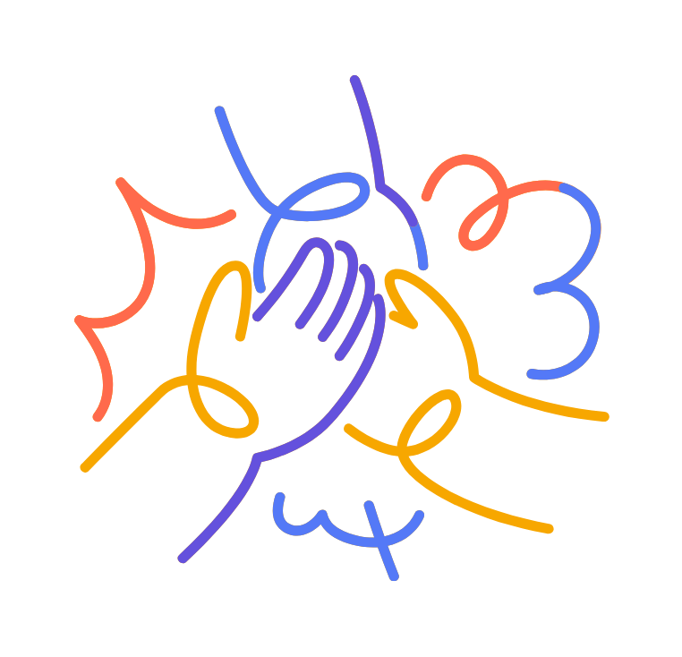 Ilustración lineal multicolor que muestra un grupo de manos superpuestas en el centro, simbolizando trabajo en equipo, unión o colaboración. Las líneas coloridas y dinámicas que rodean las manos refuerzan la energía y la cohesión del diseño.